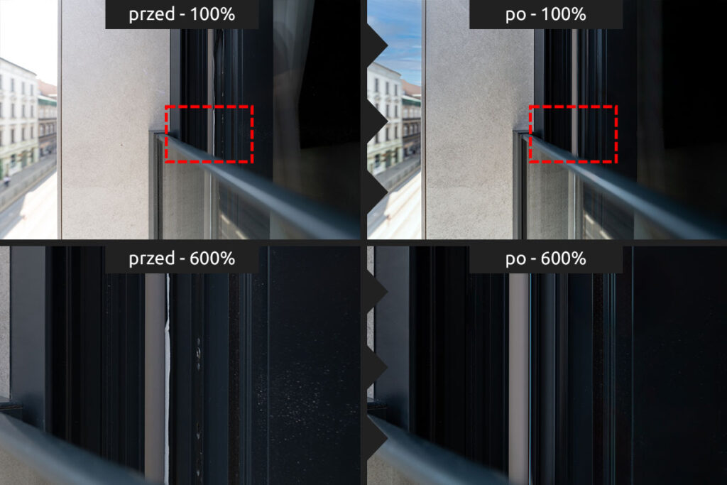 Detal ramy okiennej przed i po retuszu - Fotografia Inwestycji Retusz Wrocław