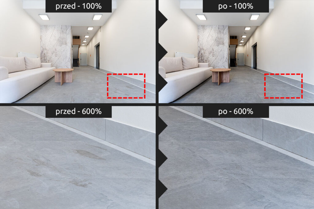 Fotografia wnętrza przed i po usunięciu plam z podłogi - Retusz Zdjęć Wrocław