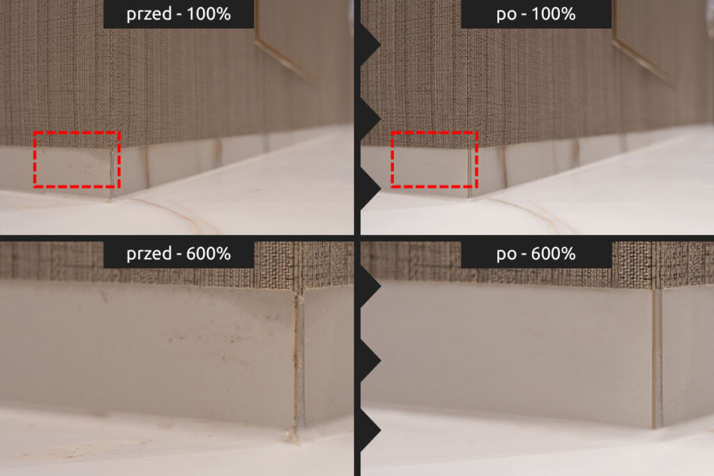 Fotografia detalu wykończeniowego – przed i po retuszu zabrudzeń - Retusz Zdjęć Wrocław