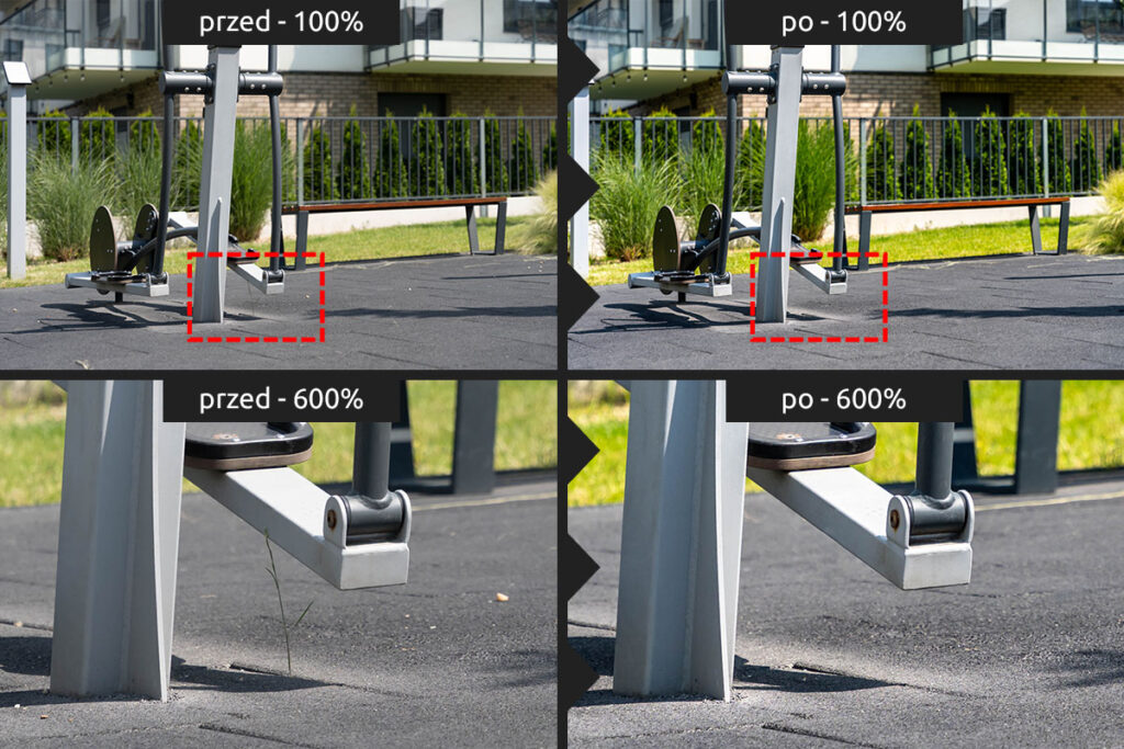 Zdjęcie siłowni plenerowej przed i po retuszu - Fotografia Inwestycji Wrocław