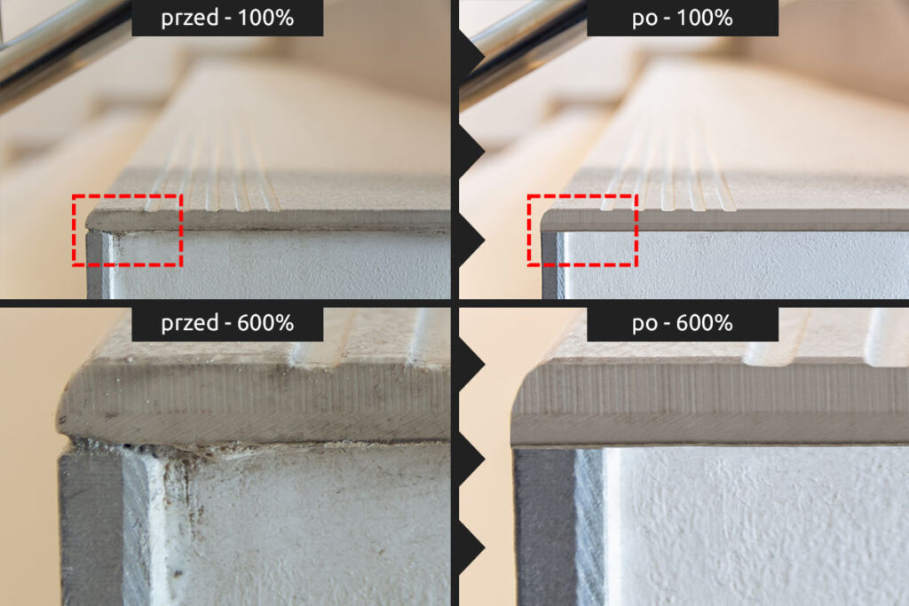 Detal wykończenia schodów przed i po retuszu - Profesjonalny Retusz Zdjęć Wrocław