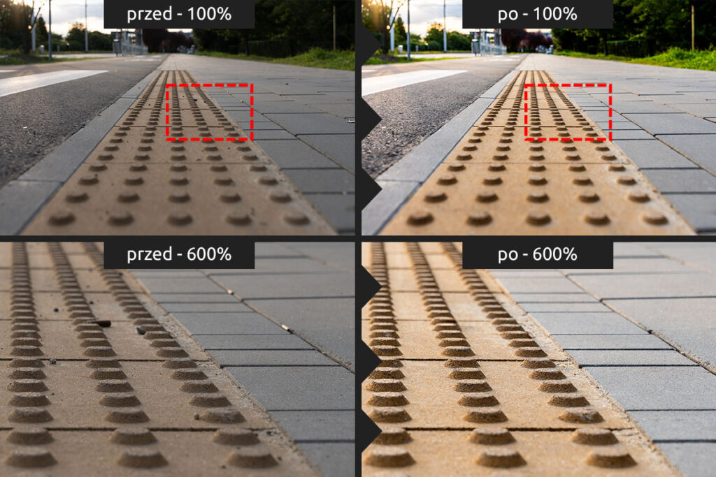 Detal dotykowych płyt chodnikowych dotykowych dla niewidomych przed i po usunięciu zabrudzeń - Retusz Zdjęć Wrocław