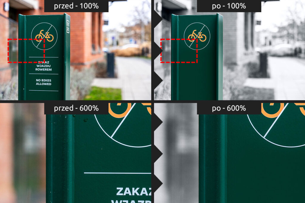 Fotografia słupka informacyjnego przed i po retuszu - Retusz Zdjęć Wrocław