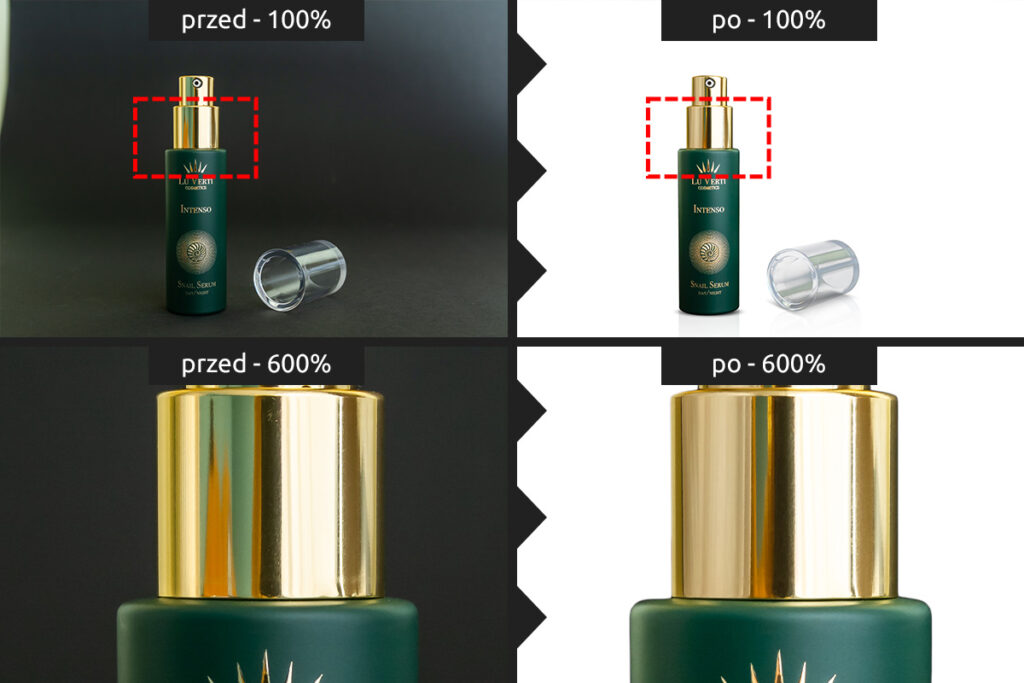 Fotografia produktu kosmetycznego - przed i po retuszu i szparowaniu - Wrocław