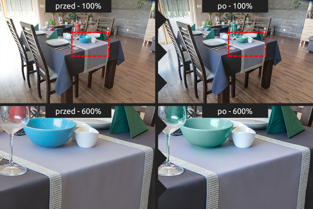 Detal nakrycia stołu przed i po retuszu