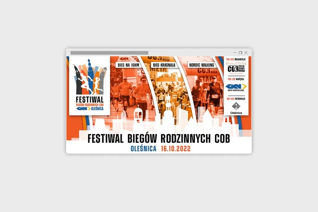 Projekt pomarańczowego baneru promującego festiwal biegów - Grafika Komputerowa Wrocław
