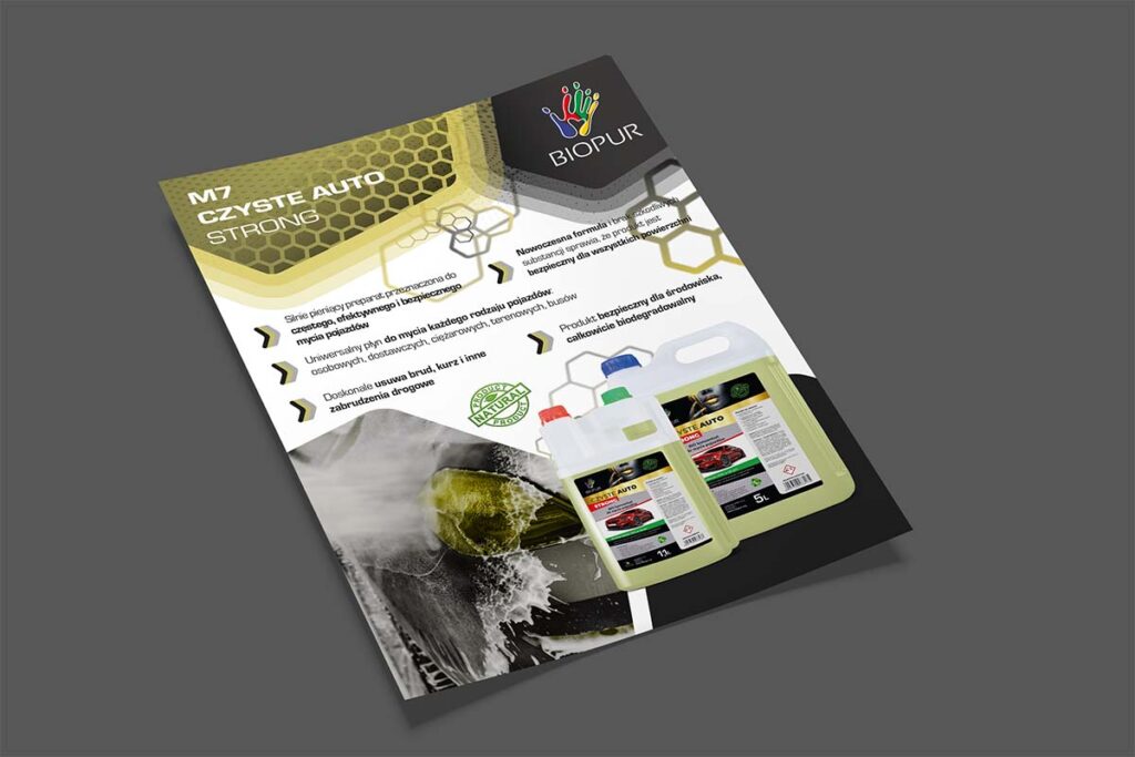 Ulotka cięta reklamująca produkty chemii motoryzacyjnej - Grafika Reklamowa Wrocław