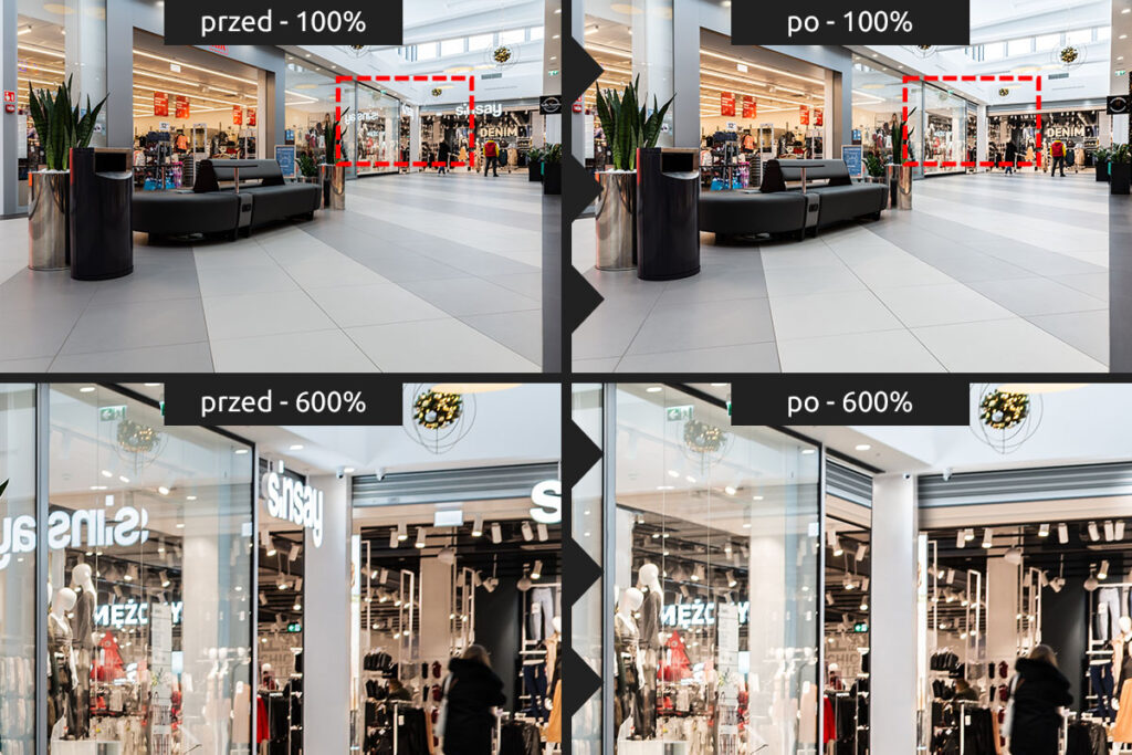 Usunięcie logo ze zdjęcia centrum handlowego - przed i po retuszu - Fotografia Inwestycji Wrocław