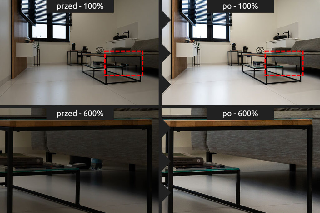 Detal fotografii wnętrz - przed i po usunięciu niechcianego elementu - Retusz Zdjęć Wrocław