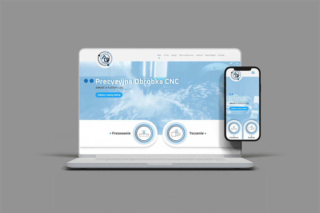 Jasno-niebieska strona internetowa firmy frezowanie toczenie - Strony www Wrocław