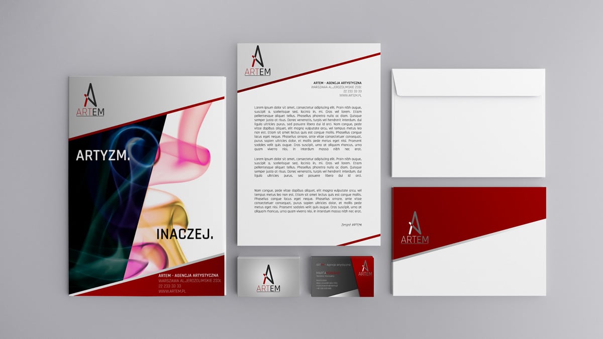 Projekt identyfikacji wizualnej firmy, zawierający wizytówkę, folder, papier firmowy oraz kopertę