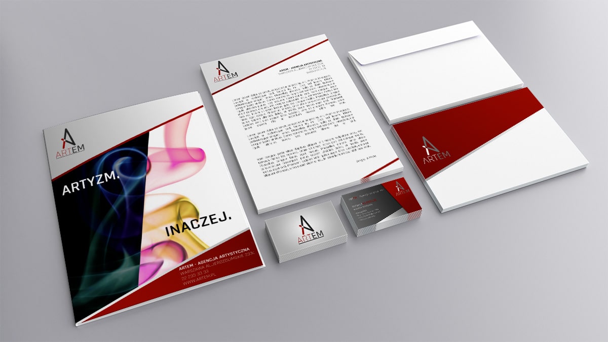 Projekt identyfikacji wizualnej firmy, zawierający wizytówkę, folder, papier firmowy oraz kopertę